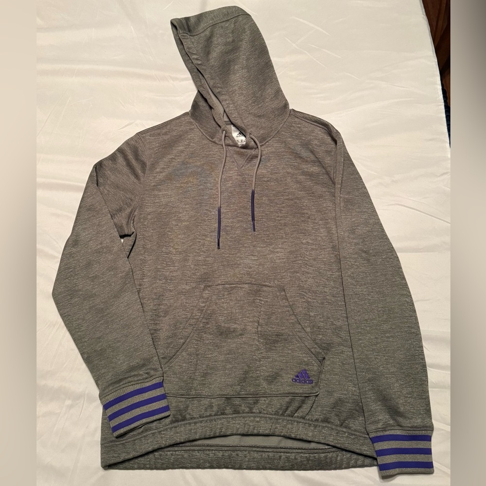 Adidas Heather Gray Hoodie with Purple Stripes